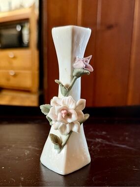 Porcelain White Bud Vase with Pink Floral Accent